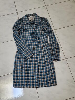 Costa Blanca Blue and Cream Checked Pea Coat